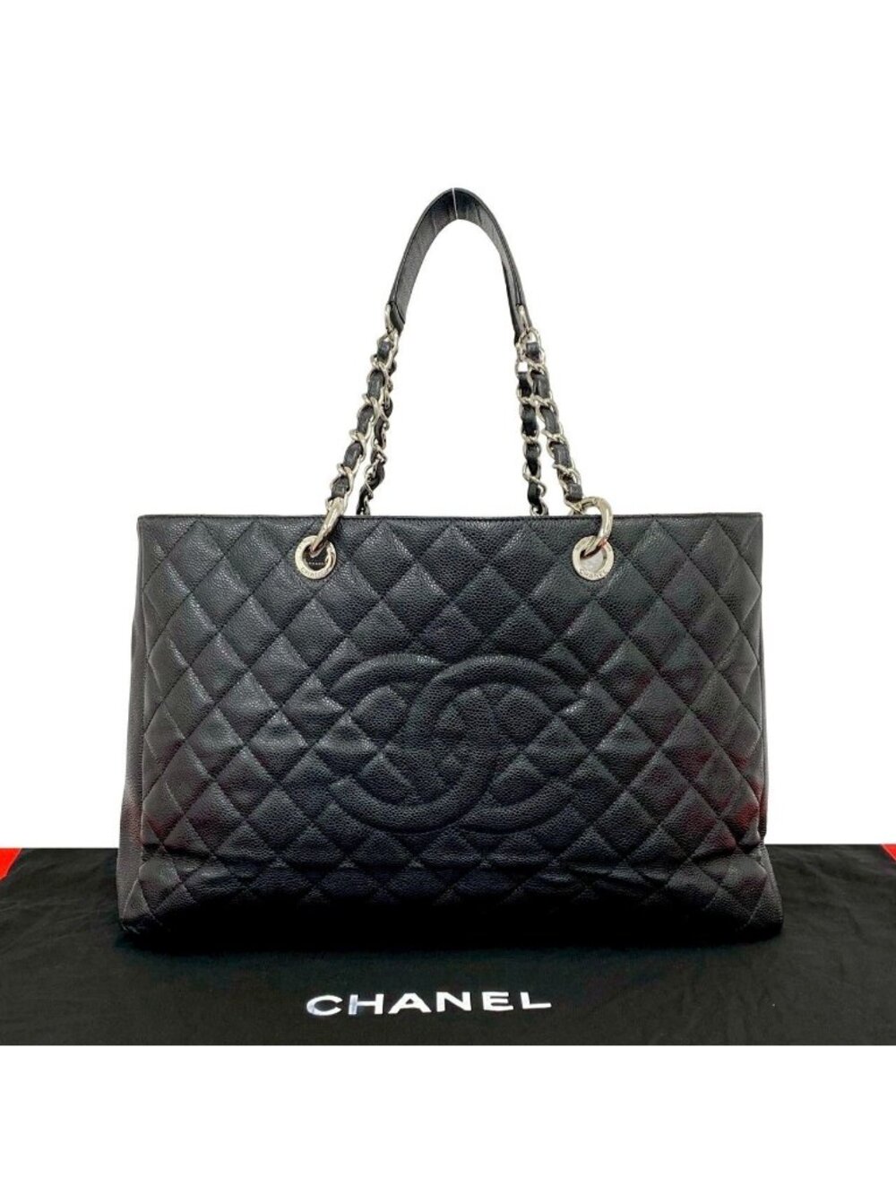 Chanel And Quilted CC Logo Caviar Leather Chain Tote Bag Black
